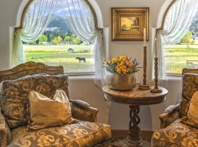Two chairs looking on to a grass field with a horse